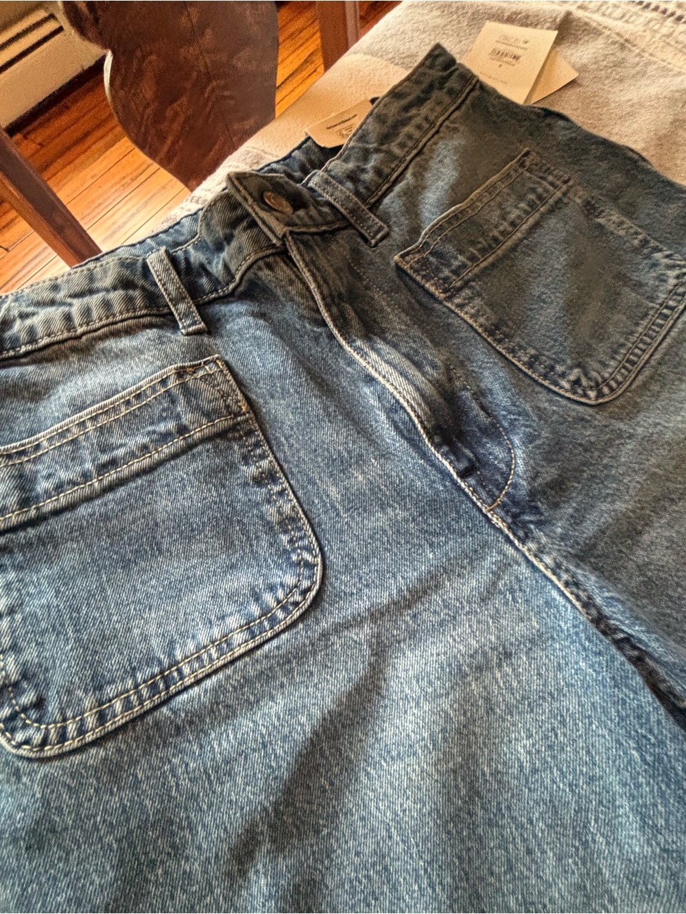 High-Rise Blue Wide-Leg Denim Jeans with Front Patch Pockets